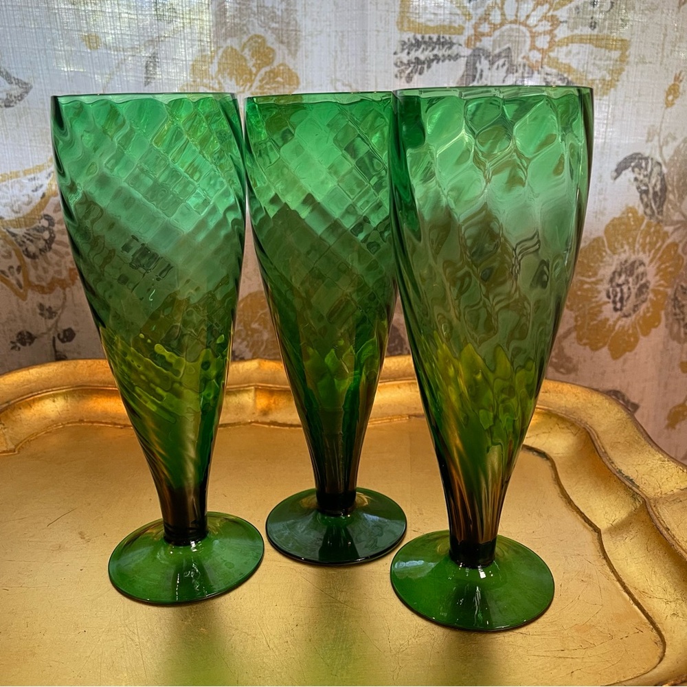 Vintage  3 Empoli Optic Drinking Glasses, Emerald Green  Optic Glass Handblown - Picture 6 of 16